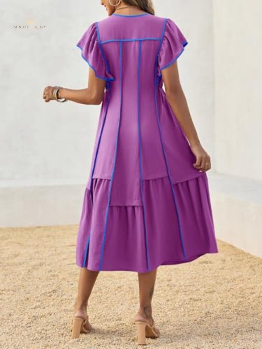 Wenrine 100% Polyester V Neck Midi Dress Ruffle Sleeve Loose Fit Flowy Casual - Picture 3 of 6